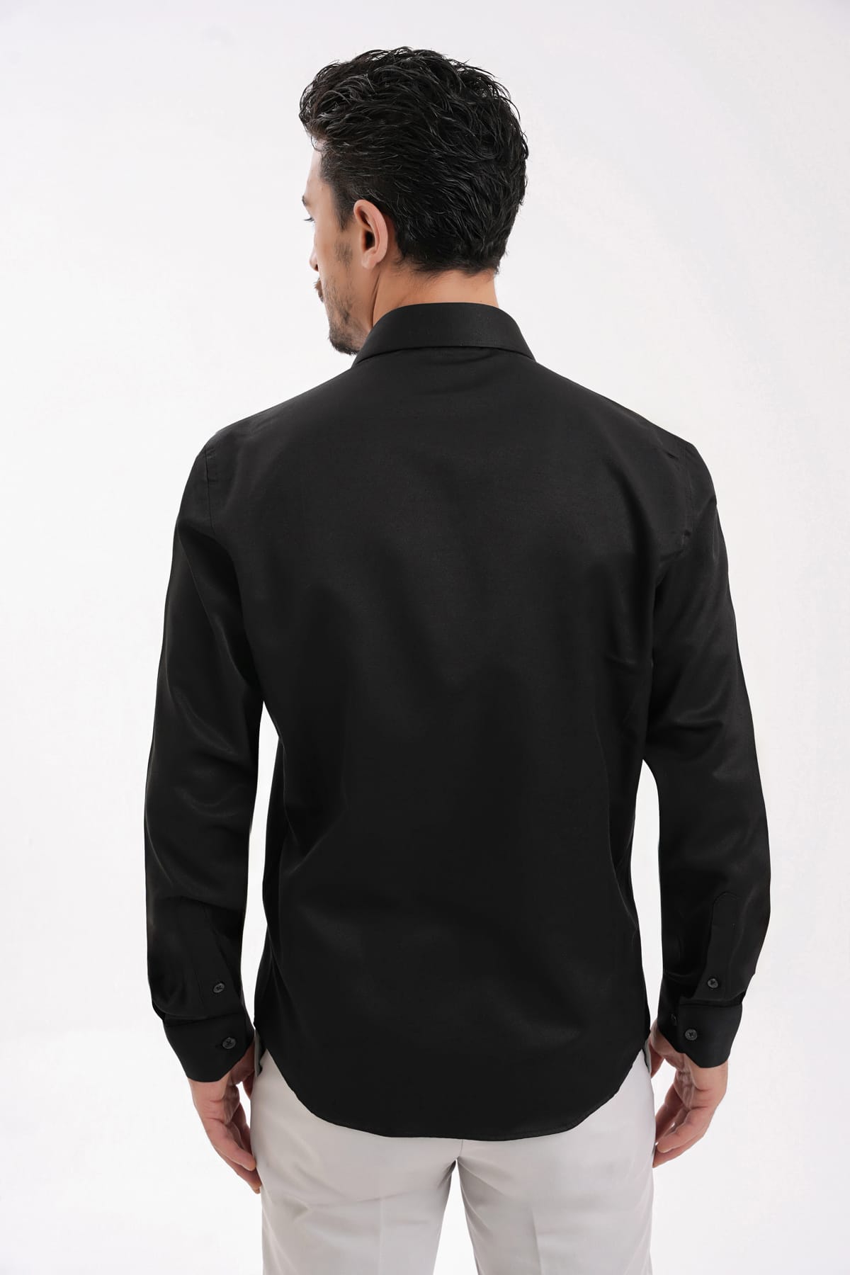 YİGİTTEKİN Dikiş Detaylı İtalyan Yaka Kulplu Slim Fit Gömlek Siyah - Görsel 2