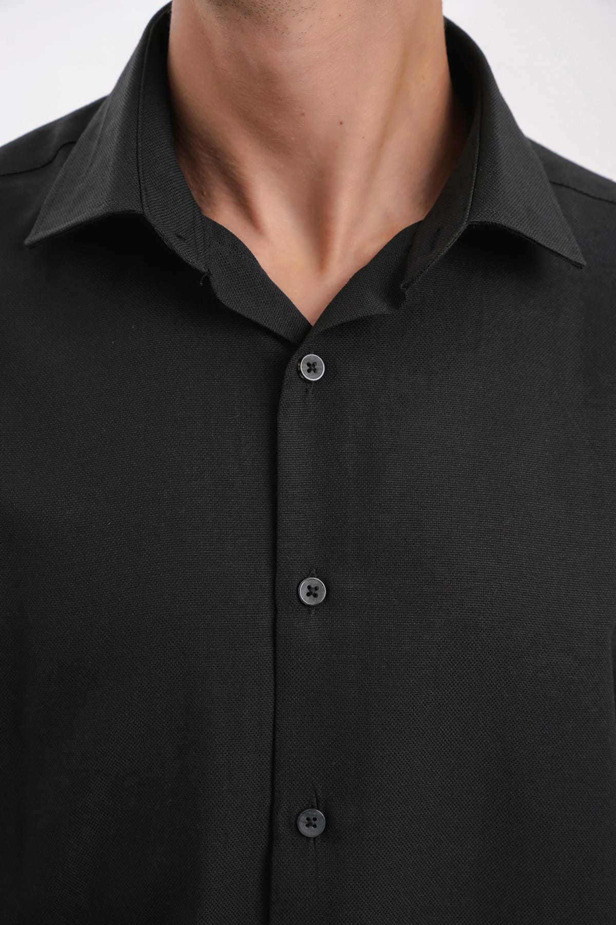 YİGİTTEKİN Kravat Yaka Slim Fit Oxford Gömlek Siyah - Görsel 3