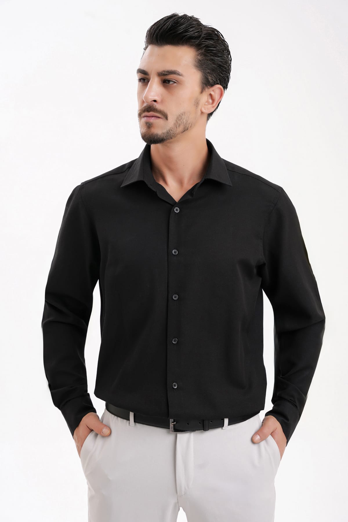 YİGİTTEKİN Kravat Yaka Slim Fit Oxford Gömlek Siyah