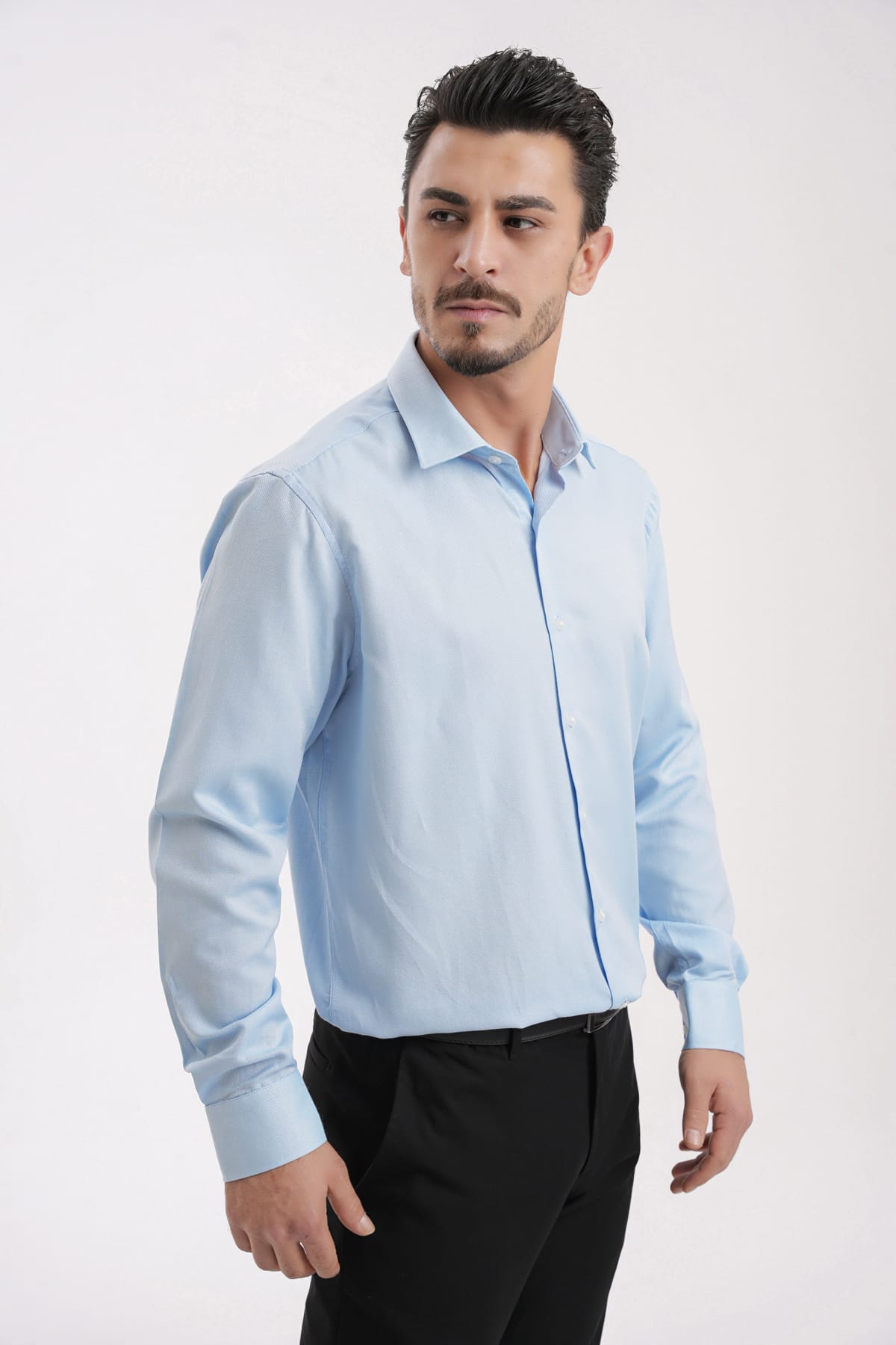 YİGİTTEKİN Kravat Yaka Slim Fit Oxford Gömlek Açık Mavi - Görsel 4
