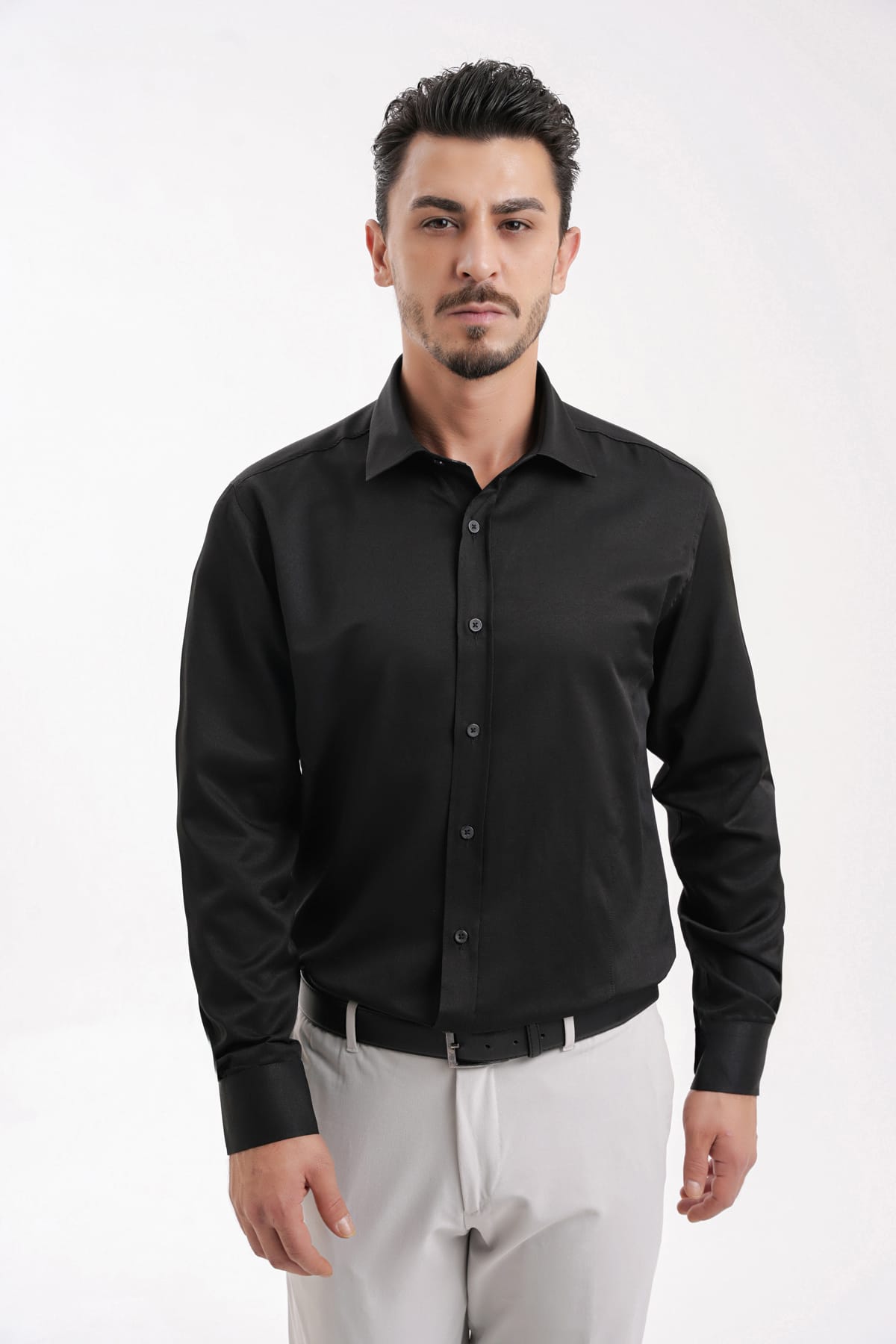 YİGİTTEKİN Dikiş Detaylı İtalyan Yaka Kulplu Slim Fit Gömlek Siyah - Görsel 4