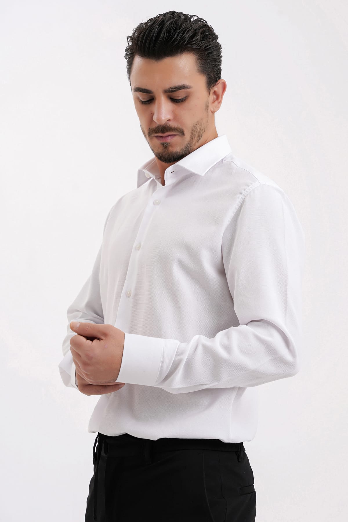 YİGİTTEKİN Kravat Yaka Slim Fit Oxford Gömlek Beyaz - Görsel 5