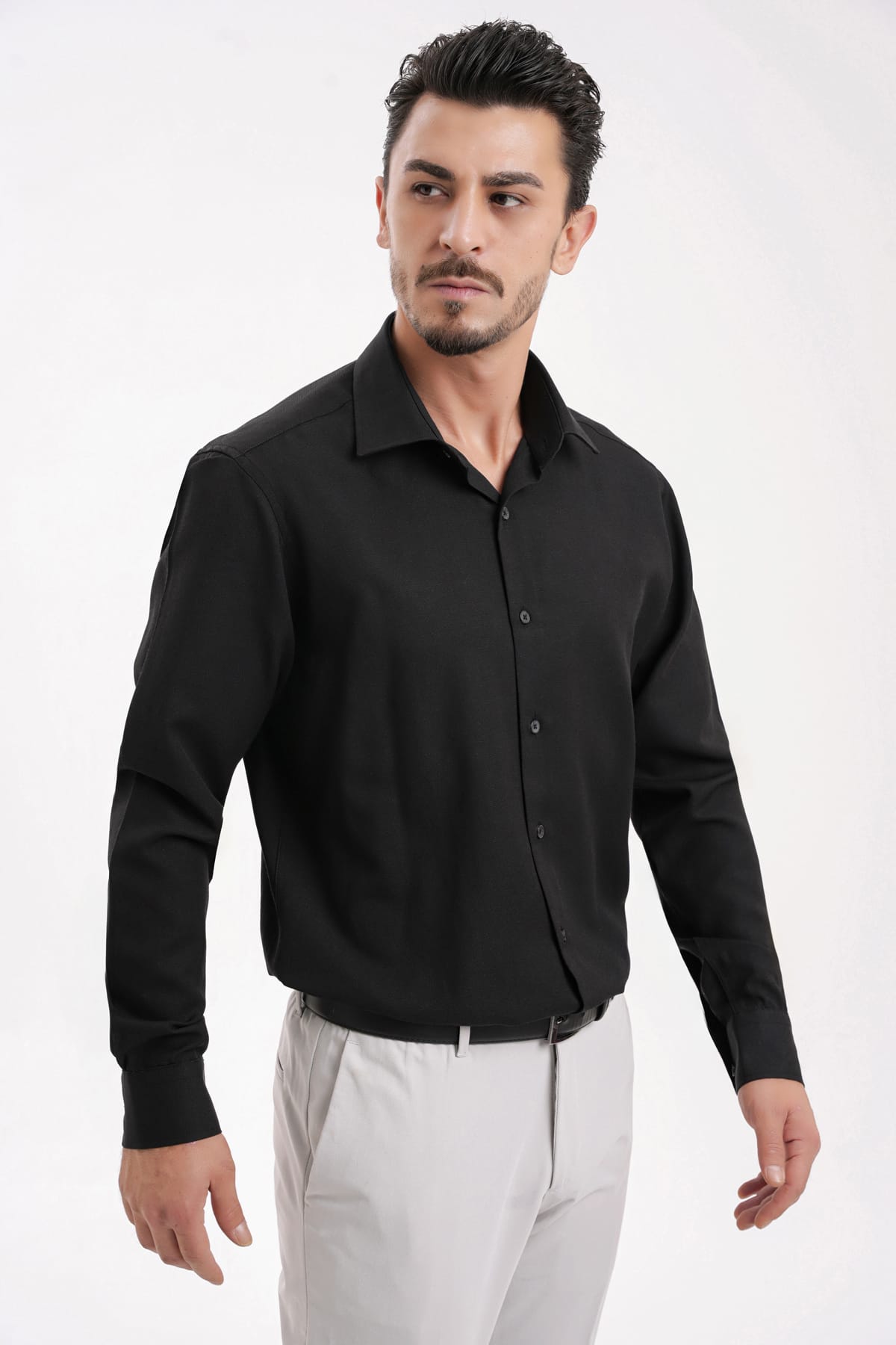 YİGİTTEKİN Kravat Yaka Slim Fit Oxford Gömlek Siyah - Görsel 4