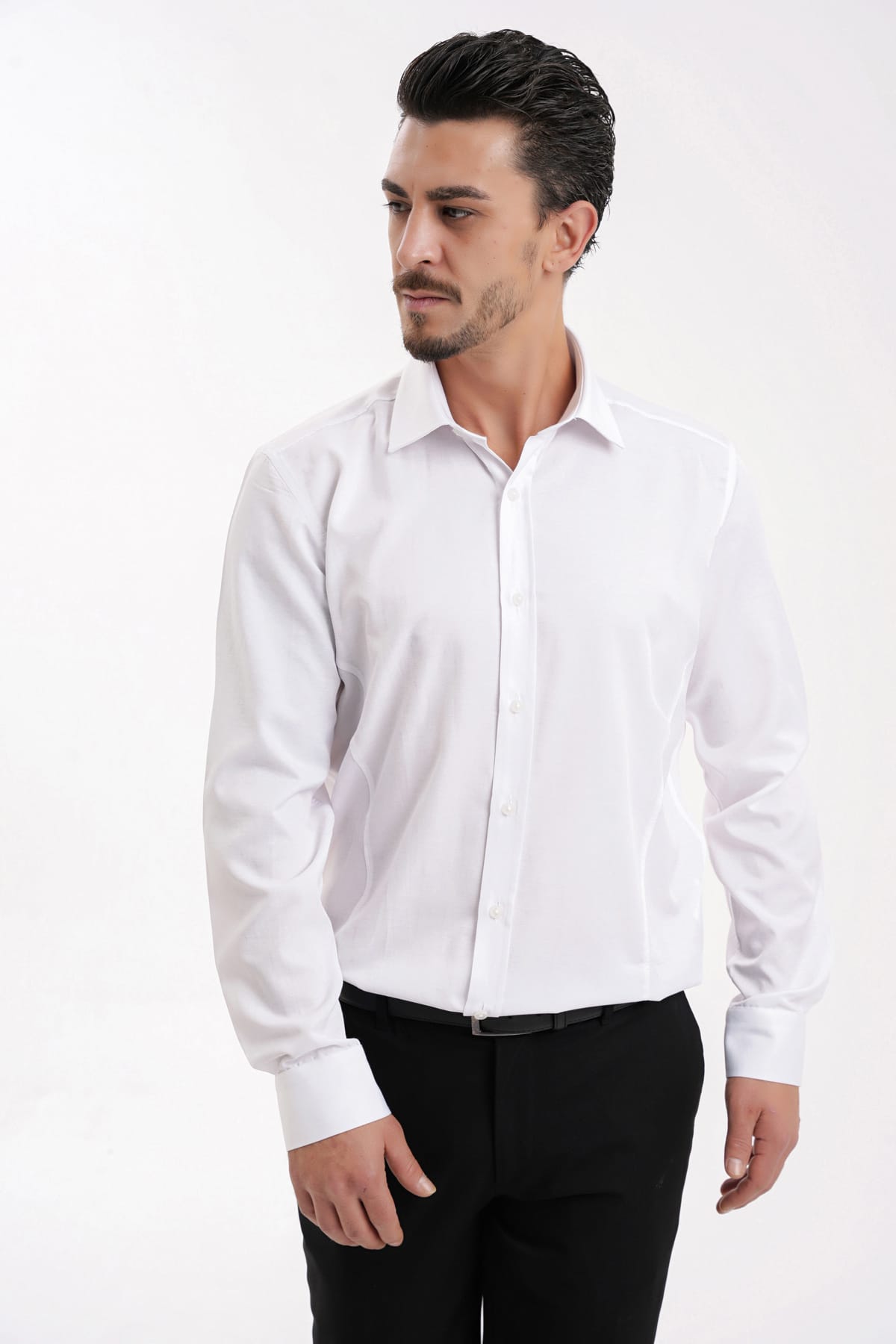 YİGİTTEKİN Saten Dikiş Detaylı İtalyan Yaka Kulplu Slim Fit Gömlek Beyaz - Görsel 6