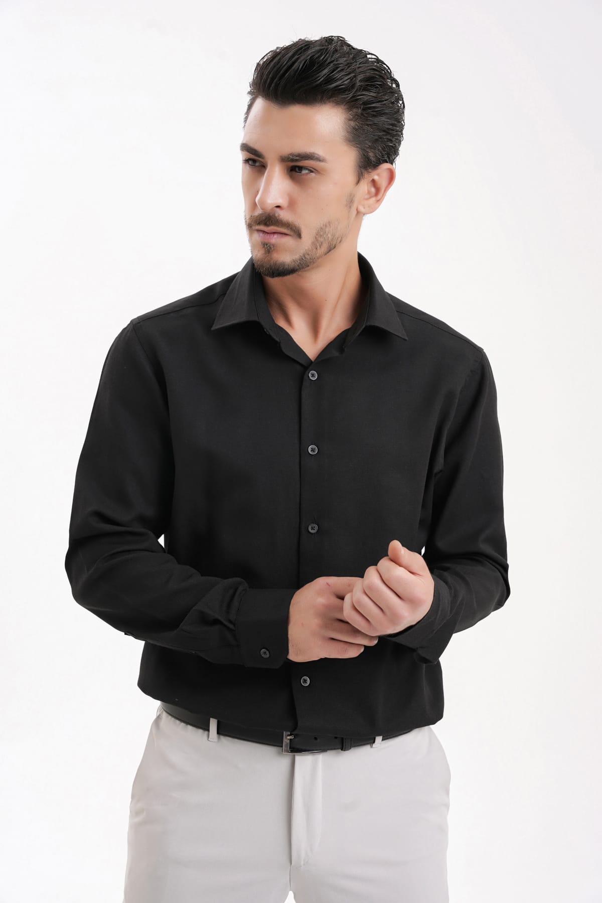 YİGİTTEKİN Kravat Yaka Slim Fit Oxford Gömlek Siyah - Görsel 5