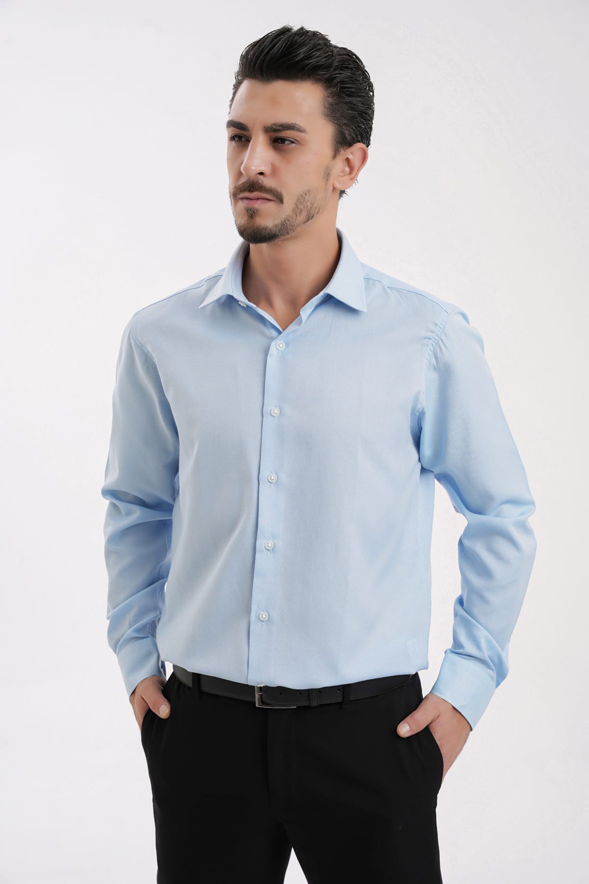 YİGİTTEKİN Kravat Yaka Slim Fit Oxford Gömlek Açık Mavi