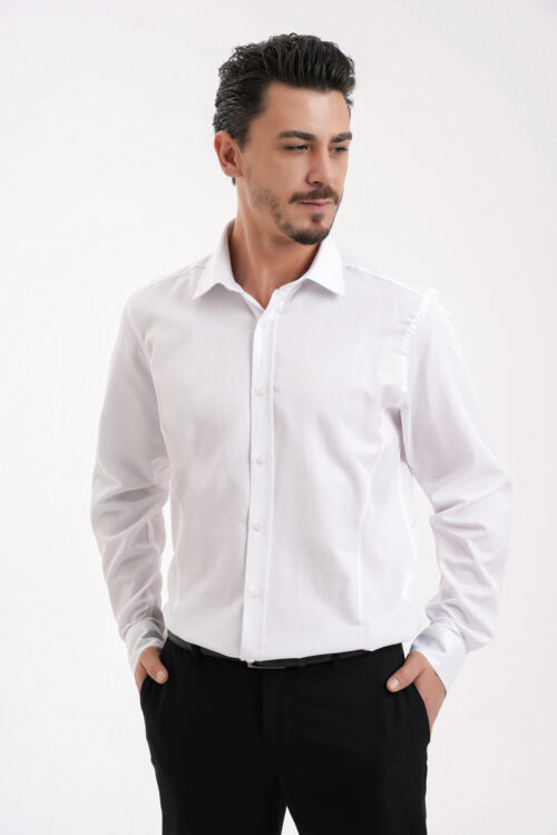 YİGİTTEKİN Saten Dikiş Detaylı İtalyan Yaka Kulplu Slim Fit Gömlek Beyaz