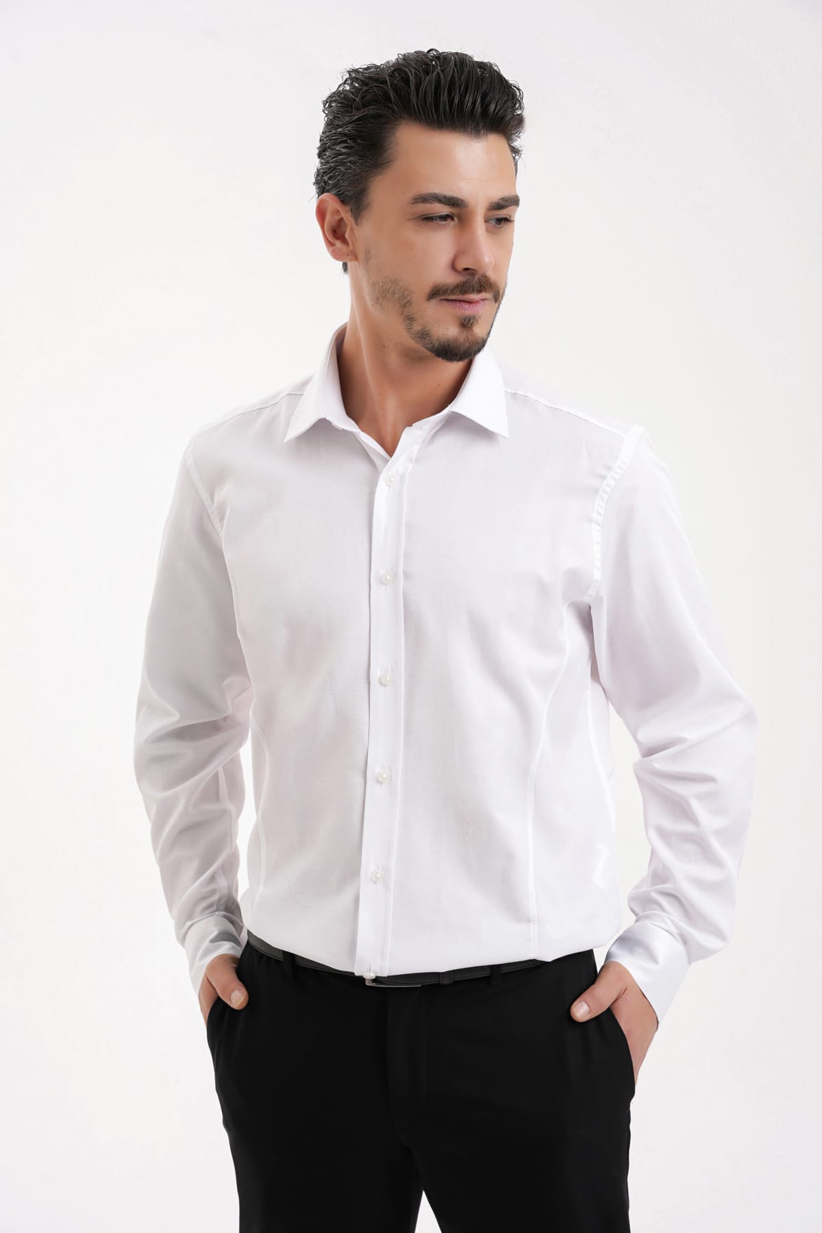 YİGİTTEKİN Saten Dikiş Detaylı İtalyan Yaka Kulplu Slim Fit Gömlek Beyaz