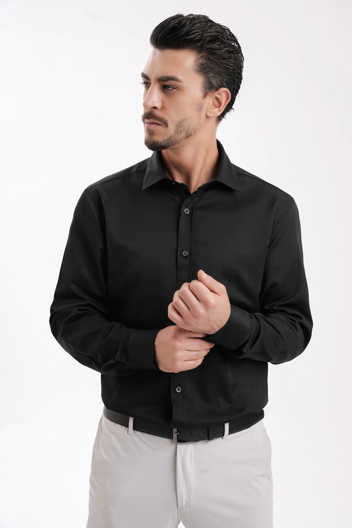 YİGİTTEKİN Dikiş Detaylı İtalyan Yaka Kulplu Slim Fit Gömlek Siyah - Görsel 5