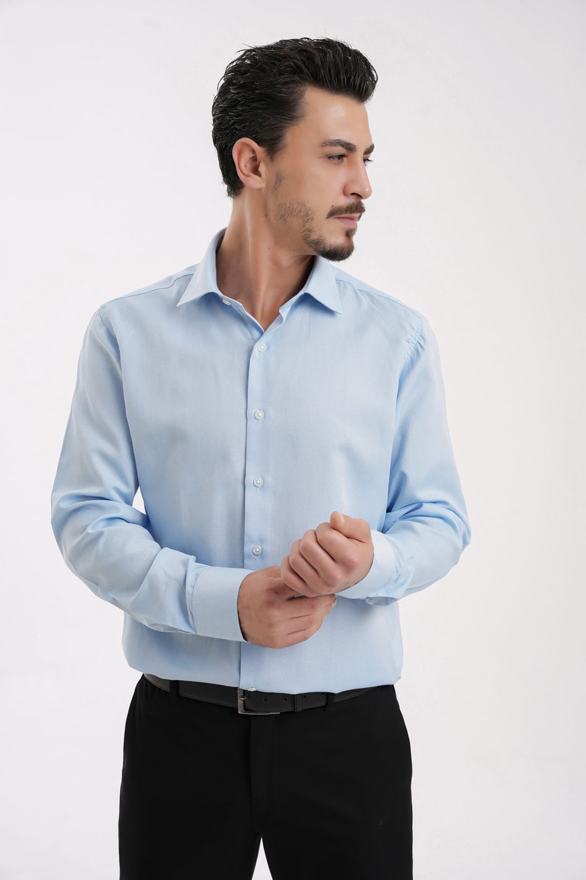 YİGİTTEKİN Kravat Yaka Slim Fit Oxford Gömlek Açık Mavi - Görsel 5