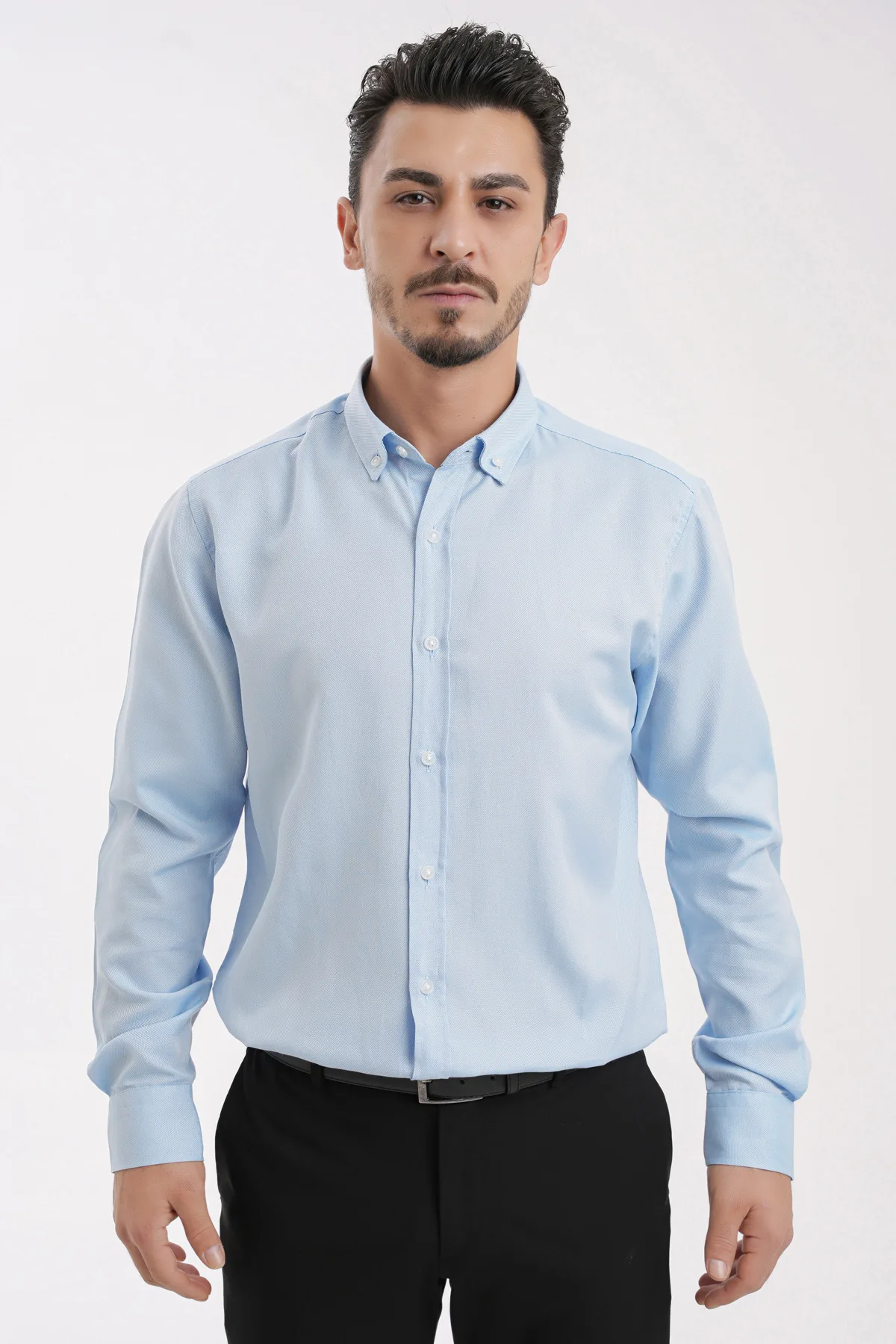 YİGİTTEKİN Düğmeli Yaka Slim Fit Oxford Gömlek Açık Mavi