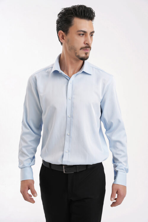 YİGİTTEKİN Dikiş Detaylı İtalyan Yaka Kulplu Slim Fit Gömlek Açık Mavi