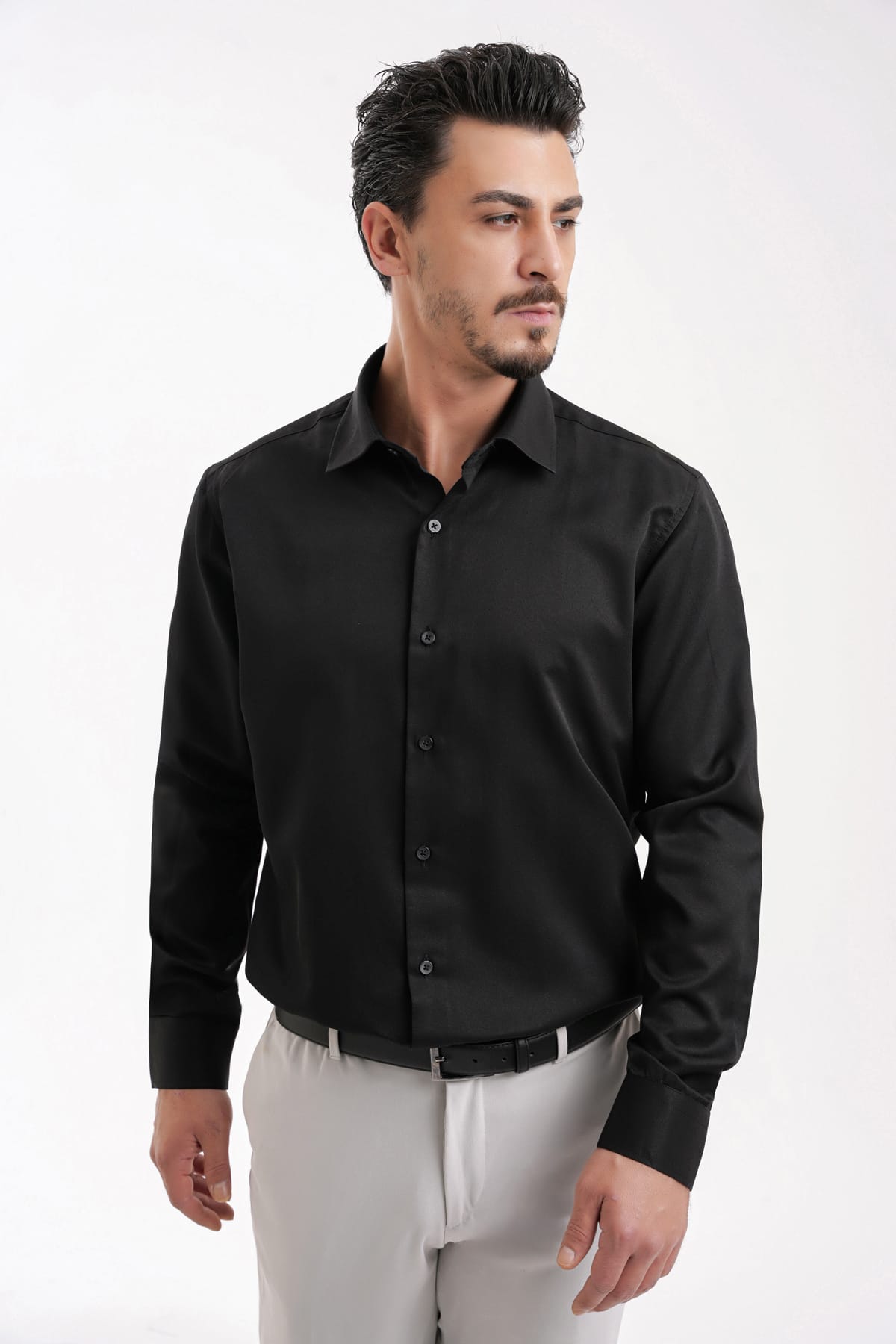 YİGİTTEKİN Saten İtalyan Yaka Slim Fit Gömlek Siyah - Görsel 2