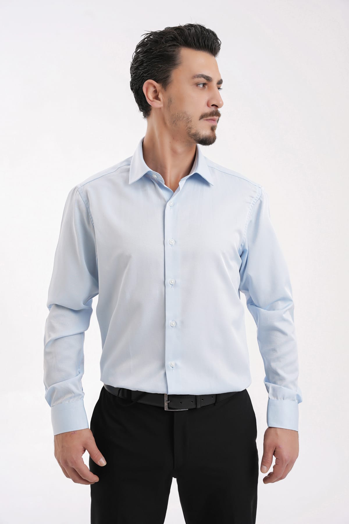 YİGİTTEKİN Saten İtalyan Yaka Slim Fit Gömlek Açık Mavi