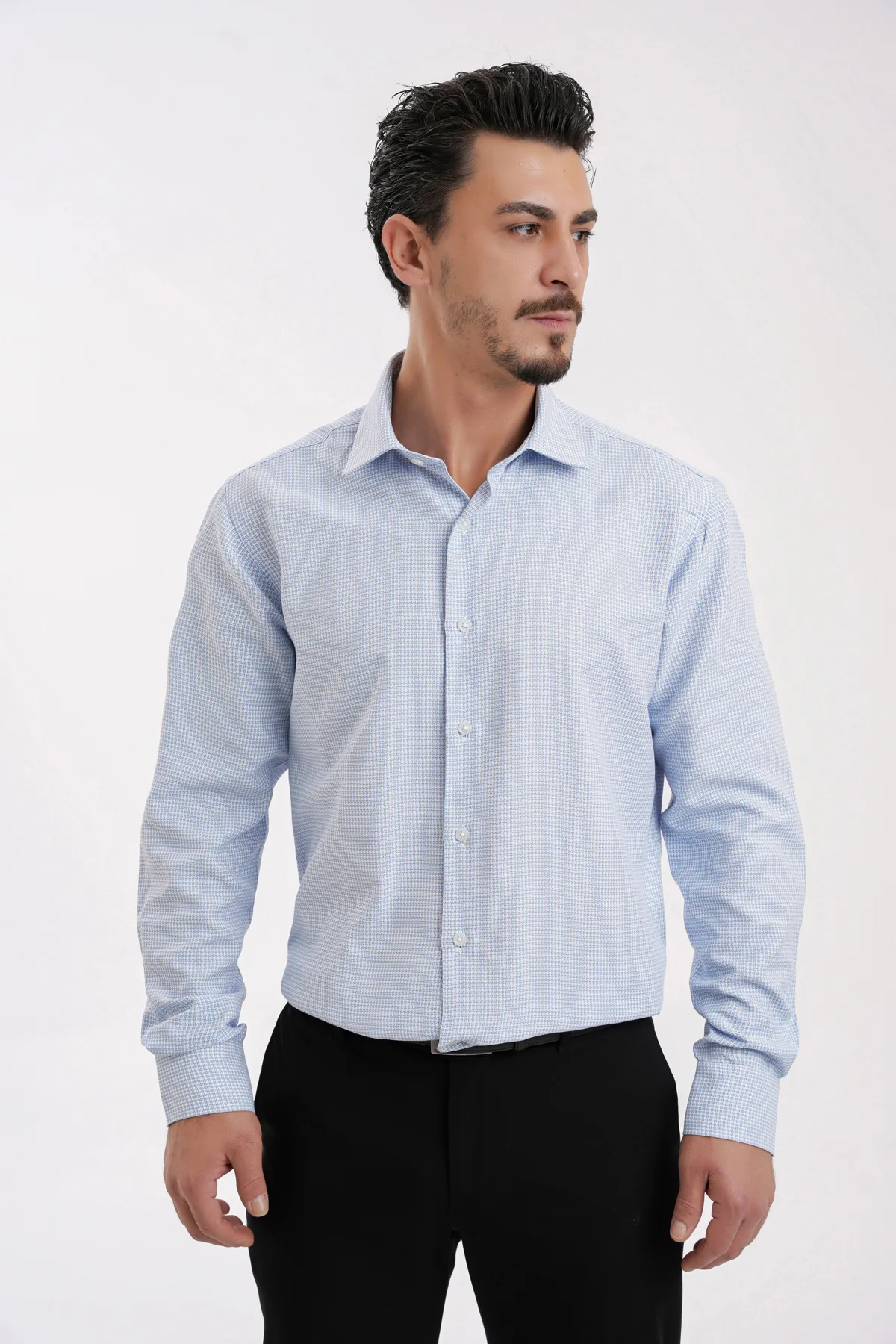 YİGİTTEKİN Desenli İtalyan Yaka Slim Fit Gömlek Açık Mavi