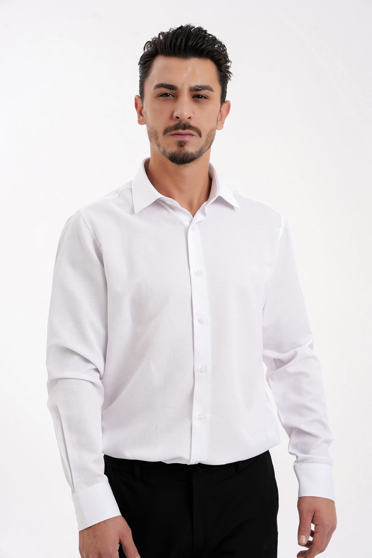 YİGİTTEKİN Armür Dokulu İtalyan Yaka Slim Fit Gömlek Beyaz