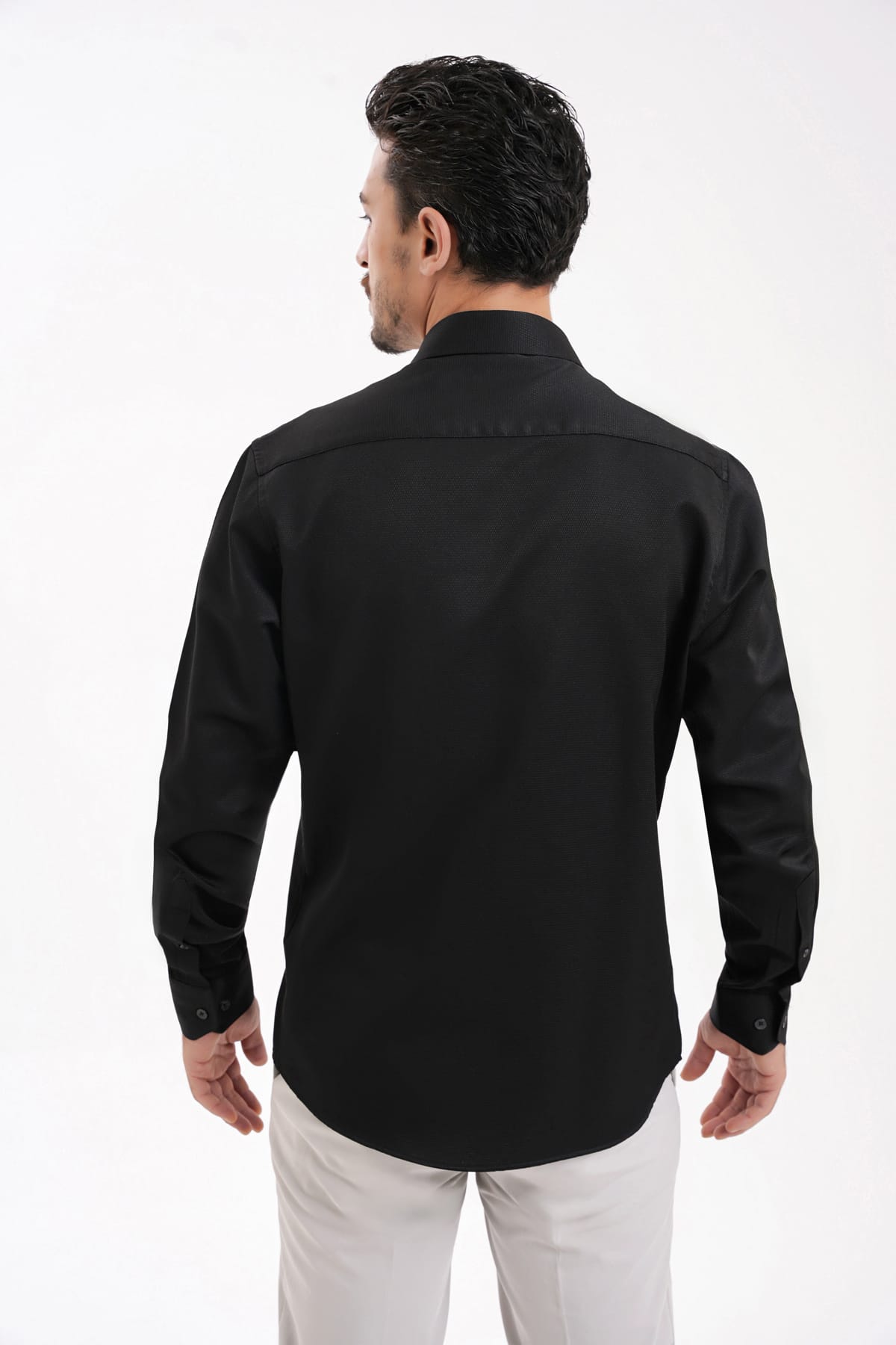 YİGİTTEKİN Armür Dokulu İtalyan Yaka Slim Fit Gömlek Siyah - Görsel 3