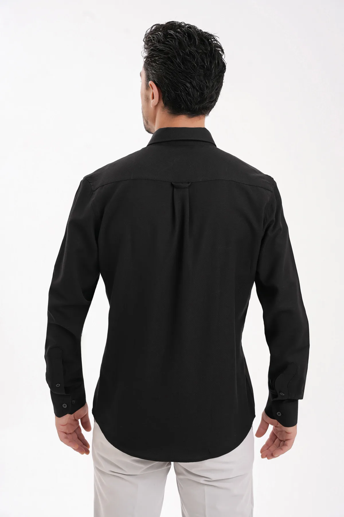 YİGİTTEKİN Düğmeli Yaka Slim Fit Oxford Gömlek Siyah - Görsel 3