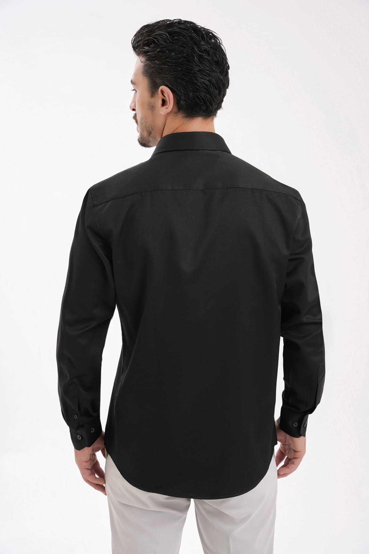YİGİTTEKİN Saten İtalyan Yaka Slim Fit Gömlek Siyah - Görsel 3