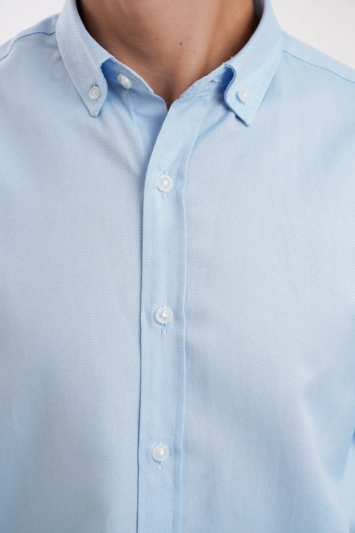 YİGİTTEKİN Düğmeli Yaka Slim Fit Oxford Gömlek Açık Mavi - Görsel 3