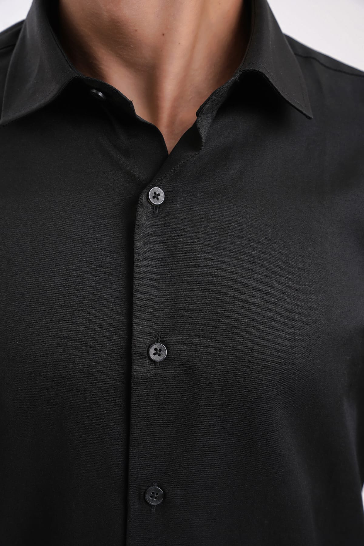 YİGİTTEKİN Saten İtalyan Yaka Slim Fit Gömlek Siyah - Görsel 4