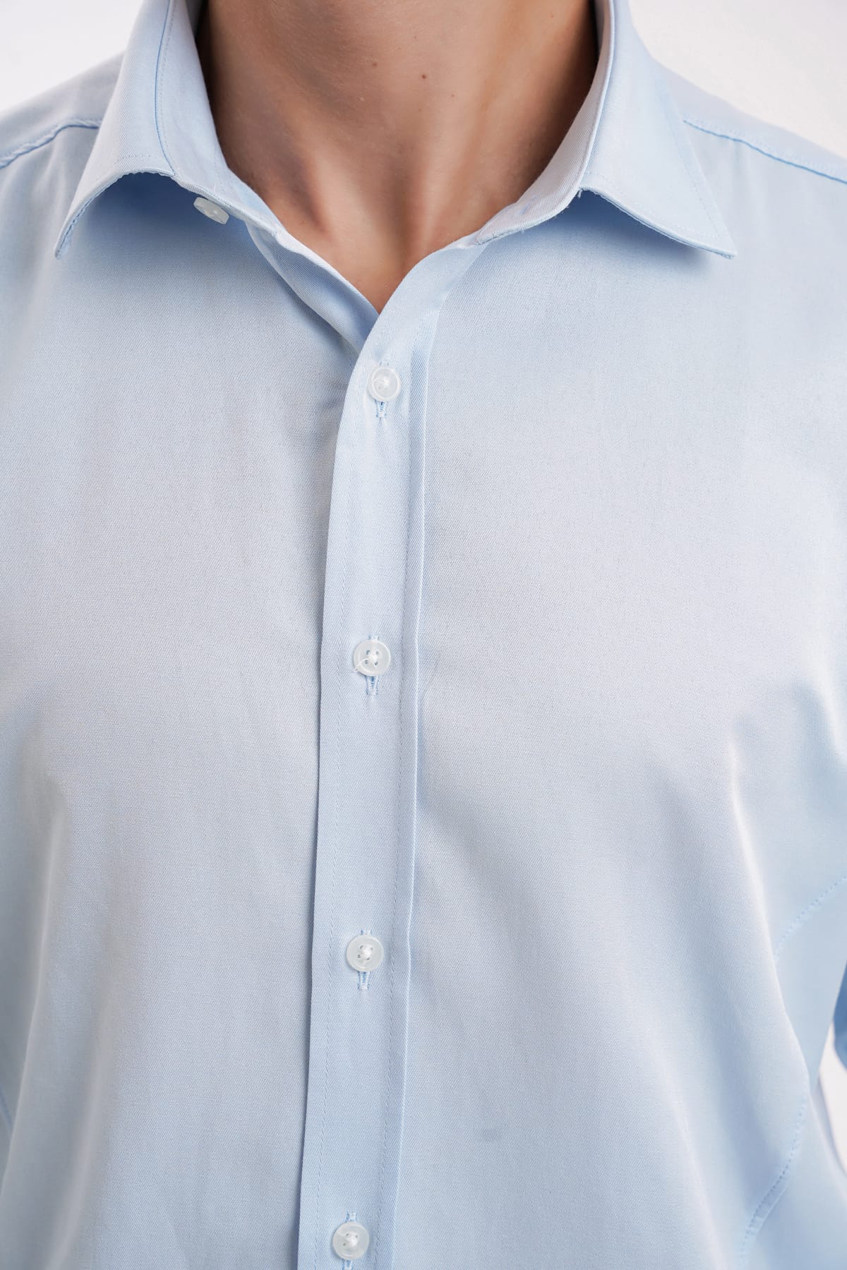 YİGİTTEKİN Dikiş Detaylı İtalyan Yaka Kulplu Slim Fit Gömlek Açık Mavi - Görsel 4