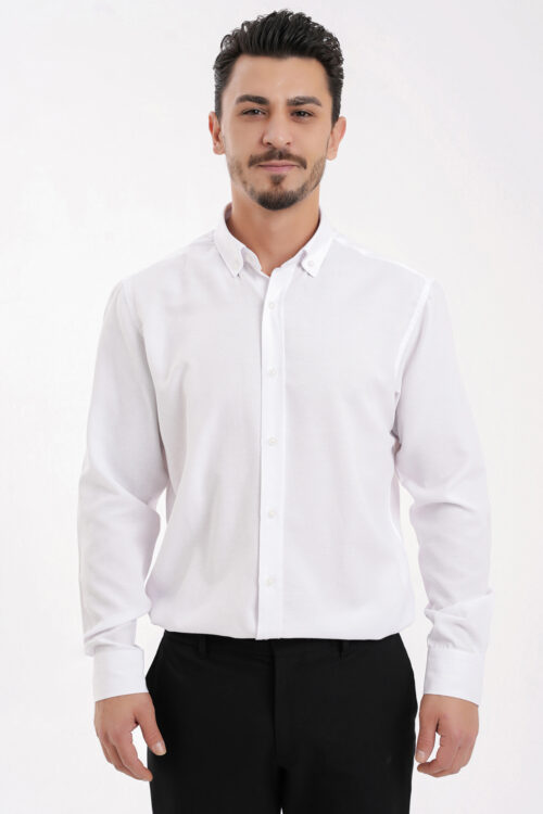 YİGİTTEKİN Düğmeli Yaka Slim Fit Oxford Gömlek Beyaz