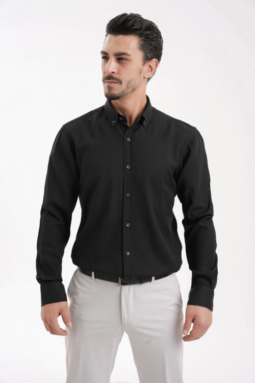 YİGİTTEKİN Düğmeli Yaka Slim Fit Oxford Gömlek Siyah