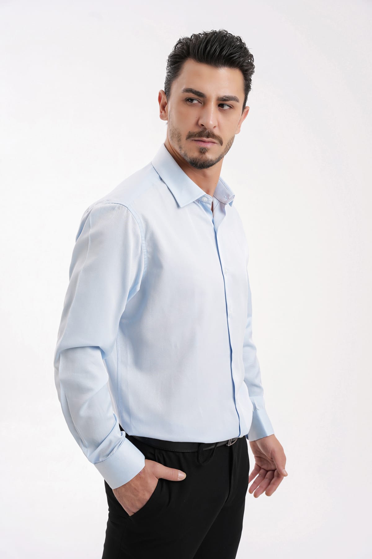 YİGİTTEKİN Saten İtalyan Yaka Slim Fit Gömlek Açık Mavi - Görsel 3