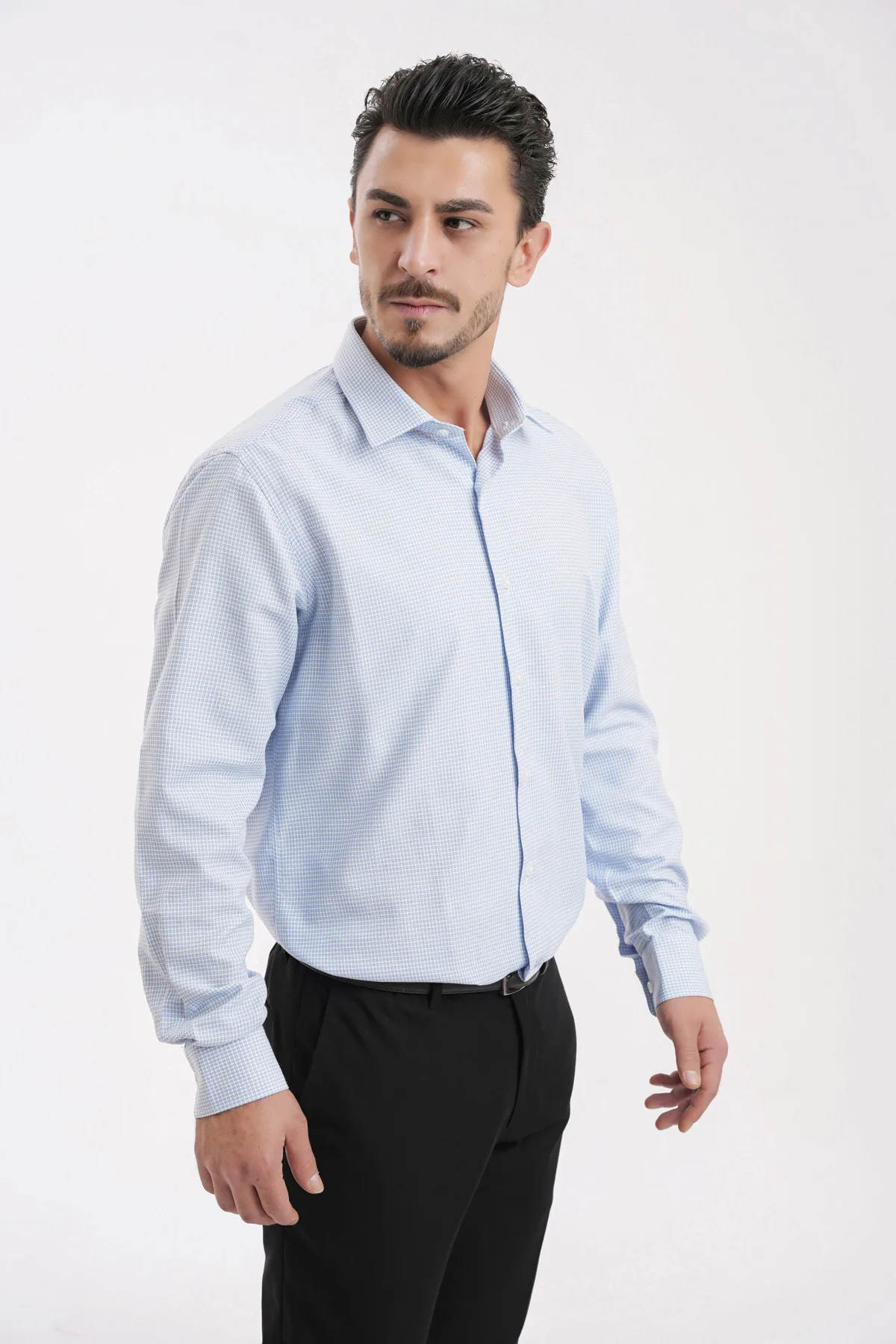 YİGİTTEKİN Desenli İtalyan Yaka Slim Fit Gömlek Açık Mavi - Görsel 4