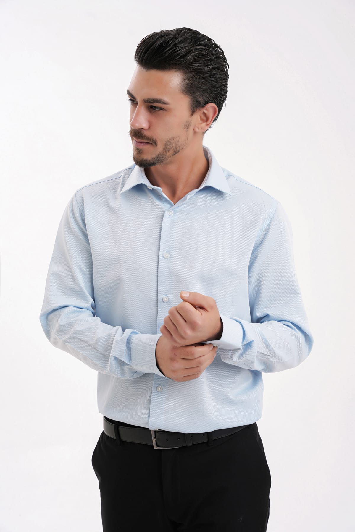 YİGİTTEKİN Armür Dokulu İtalyan Yaka Slim Fit Gömlek Açık Mavi - Görsel 2