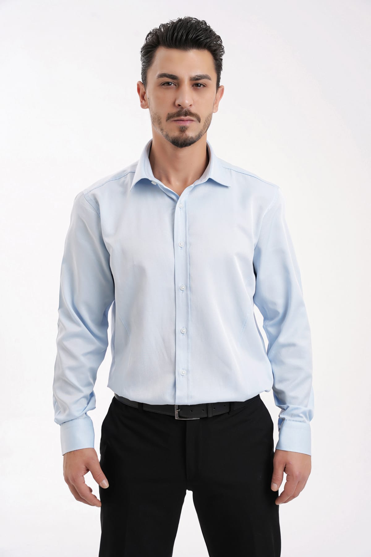 YİGİTTEKİN Dikiş Detaylı İtalyan Yaka Kulplu Slim Fit Gömlek Açık Mavi - Görsel 5