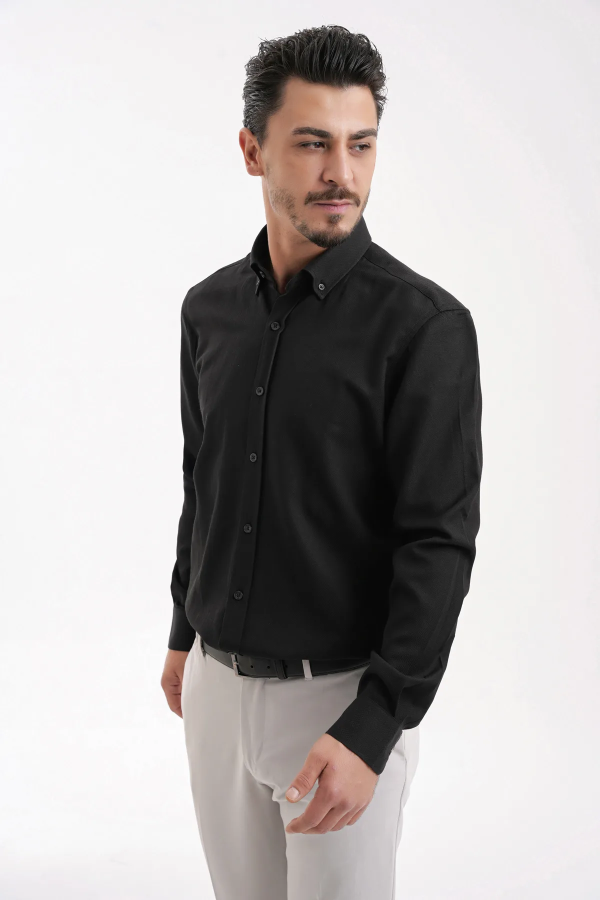 YİGİTTEKİN Düğmeli Yaka Slim Fit Oxford Gömlek Siyah - Görsel 5