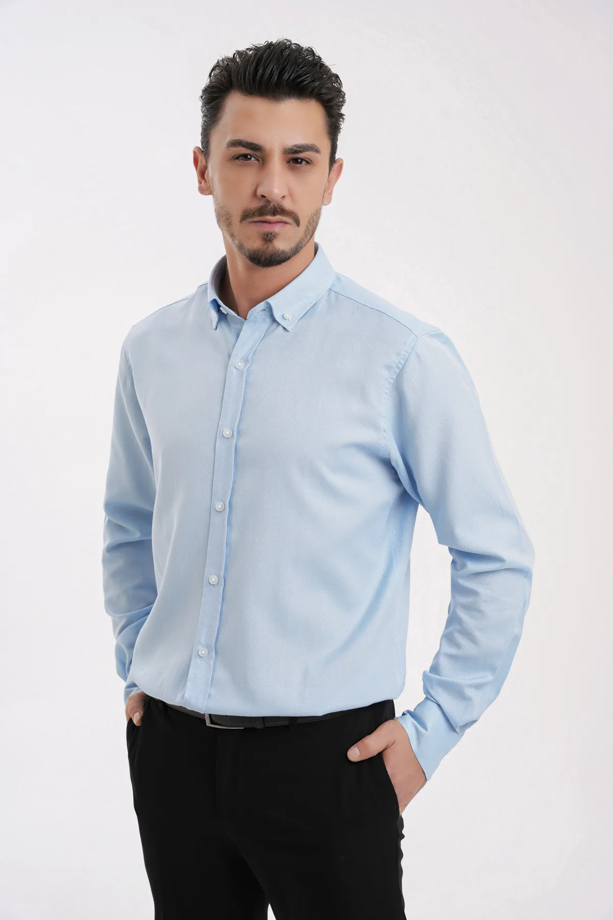 YİGİTTEKİN Düğmeli Yaka Slim Fit Oxford Gömlek Açık Mavi - Görsel 4