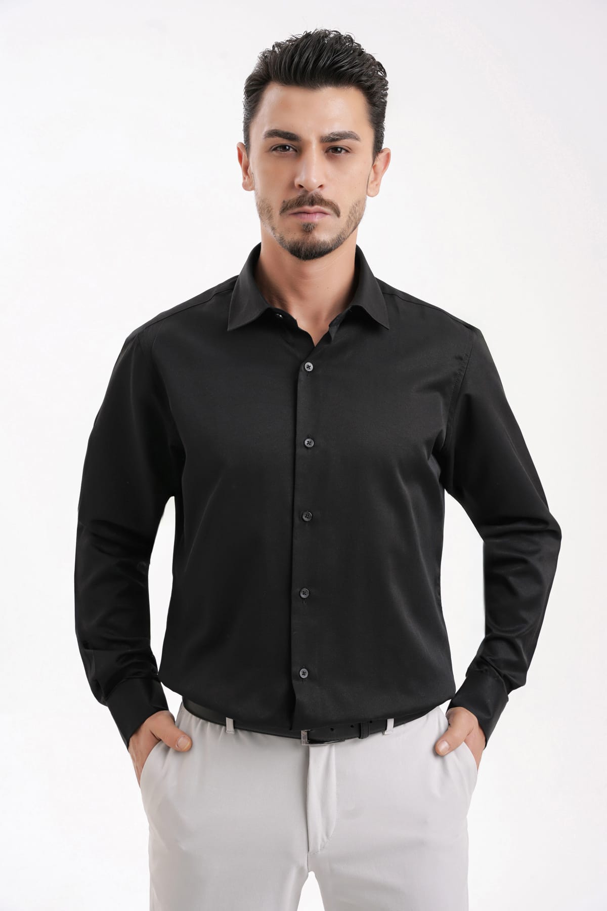 YİGİTTEKİN Saten İtalyan Yaka Slim Fit Gömlek Siyah