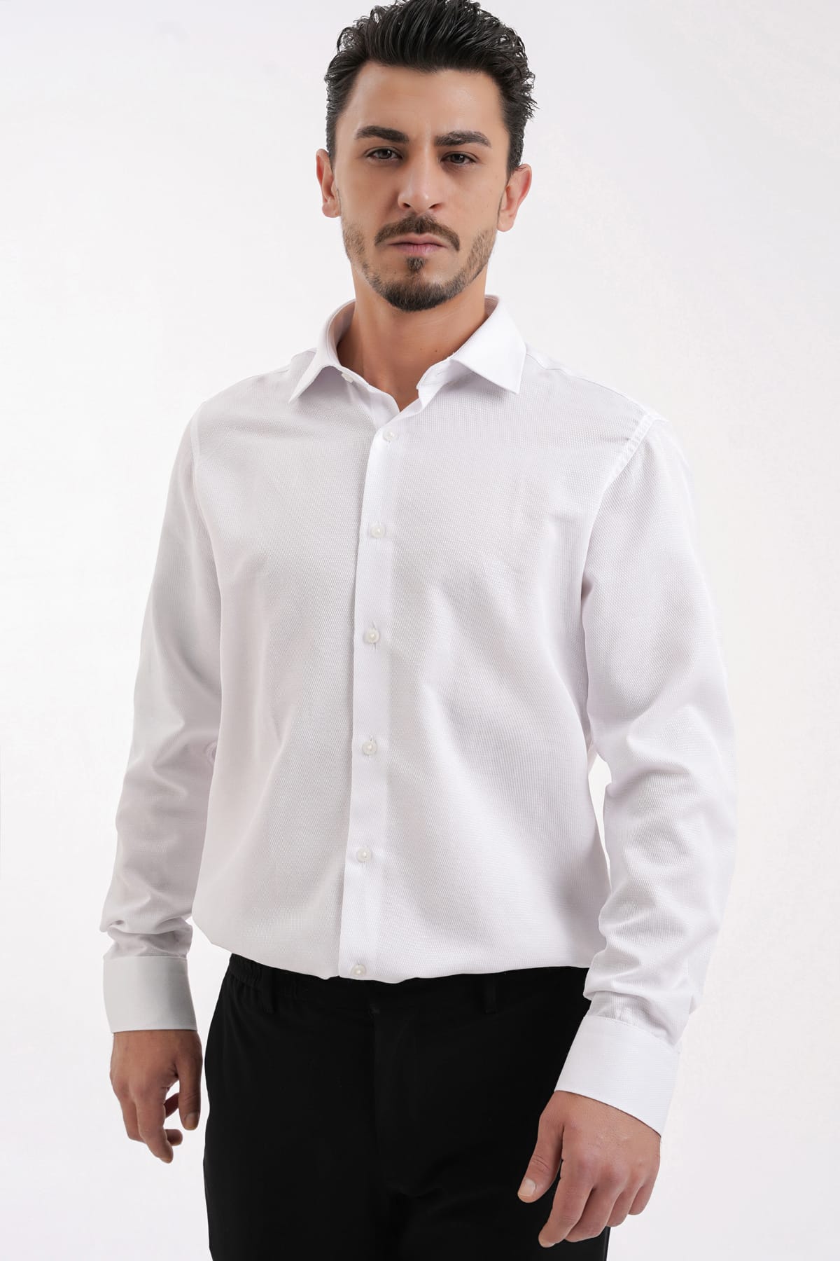 YİGİTTEKİN Armür Dokulu İtalyan Yaka Slim Fit Gömlek Beyaz - Görsel 5