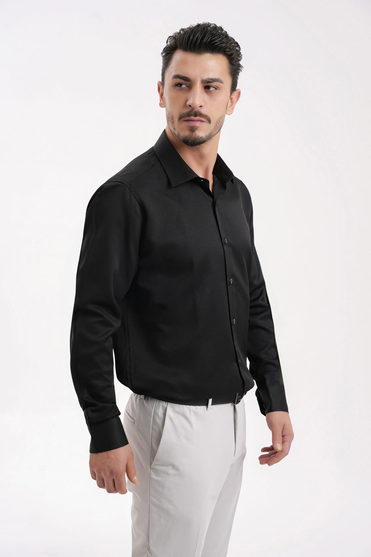 YİGİTTEKİN Armür Dokulu İtalyan Yaka Slim Fit Gömlek Siyah - Görsel 5