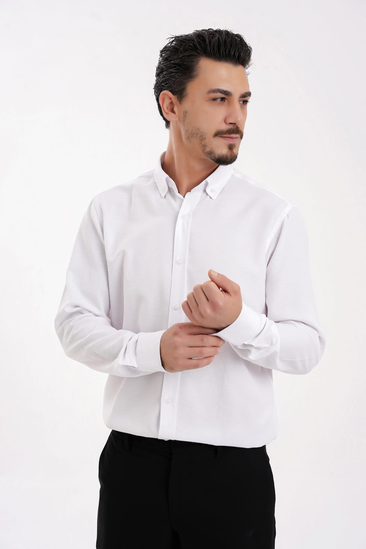 YİGİTTEKİN Düğmeli Yaka Slim Fit Oxford Gömlek Beyaz - Görsel 4