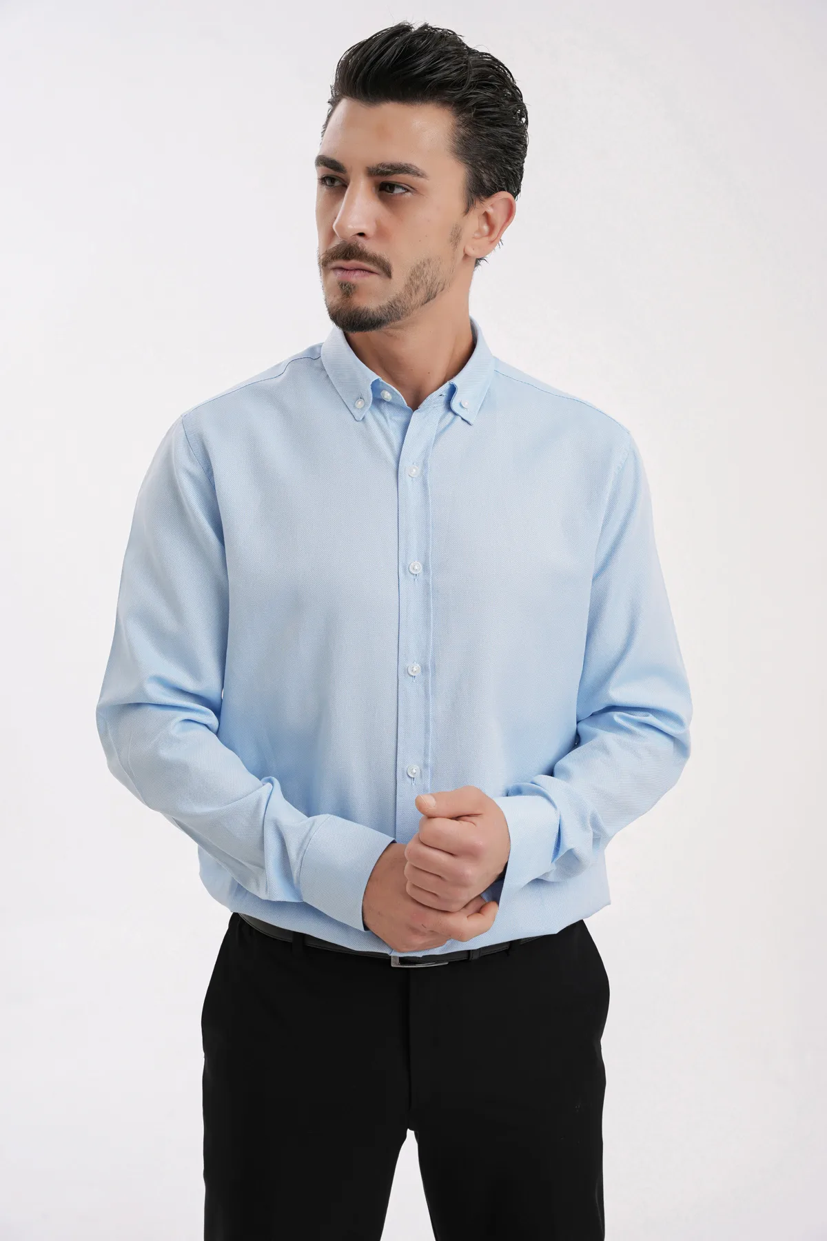 YİGİTTEKİN Düğmeli Yaka Slim Fit Oxford Gömlek Açık Mavi - Görsel 5