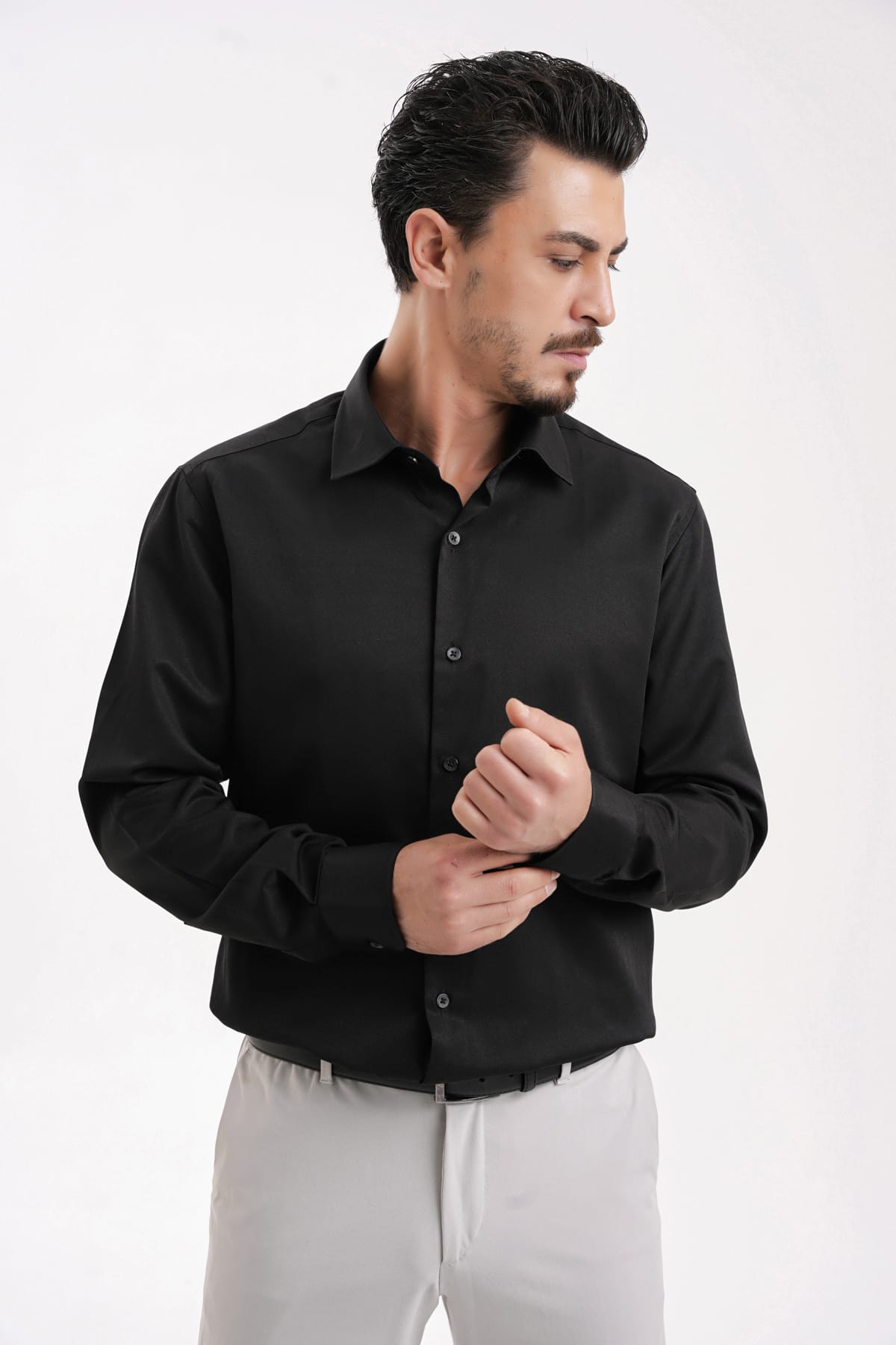 YİGİTTEKİN Saten İtalyan Yaka Slim Fit Gömlek Siyah - Görsel 5