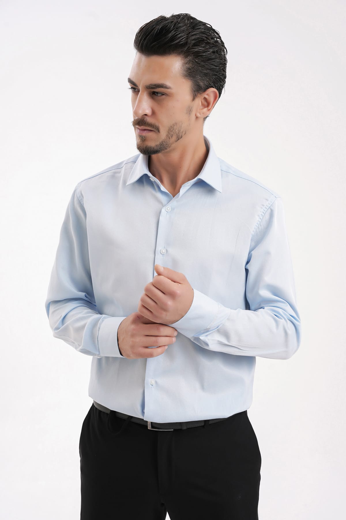 YİGİTTEKİN Saten İtalyan Yaka Slim Fit Gömlek Açık Mavi - Görsel 5