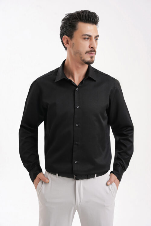 YİGİTTEKİN Armür Dokulu İtalyan Yaka Slim Fit Gömlek Siyah