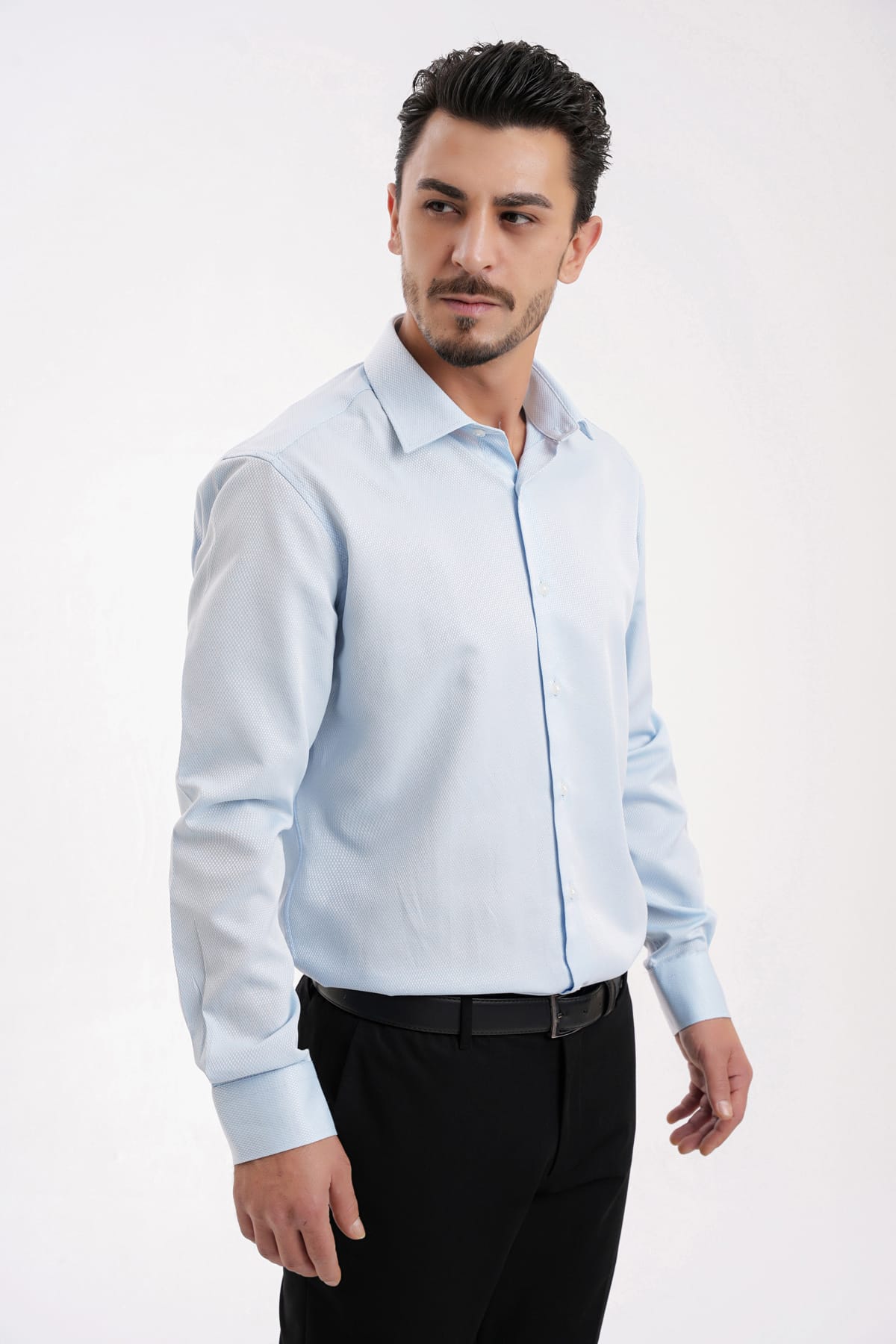 YİGİTTEKİN Armür Dokulu İtalyan Yaka Slim Fit Gömlek Açık Mavi - Görsel 3