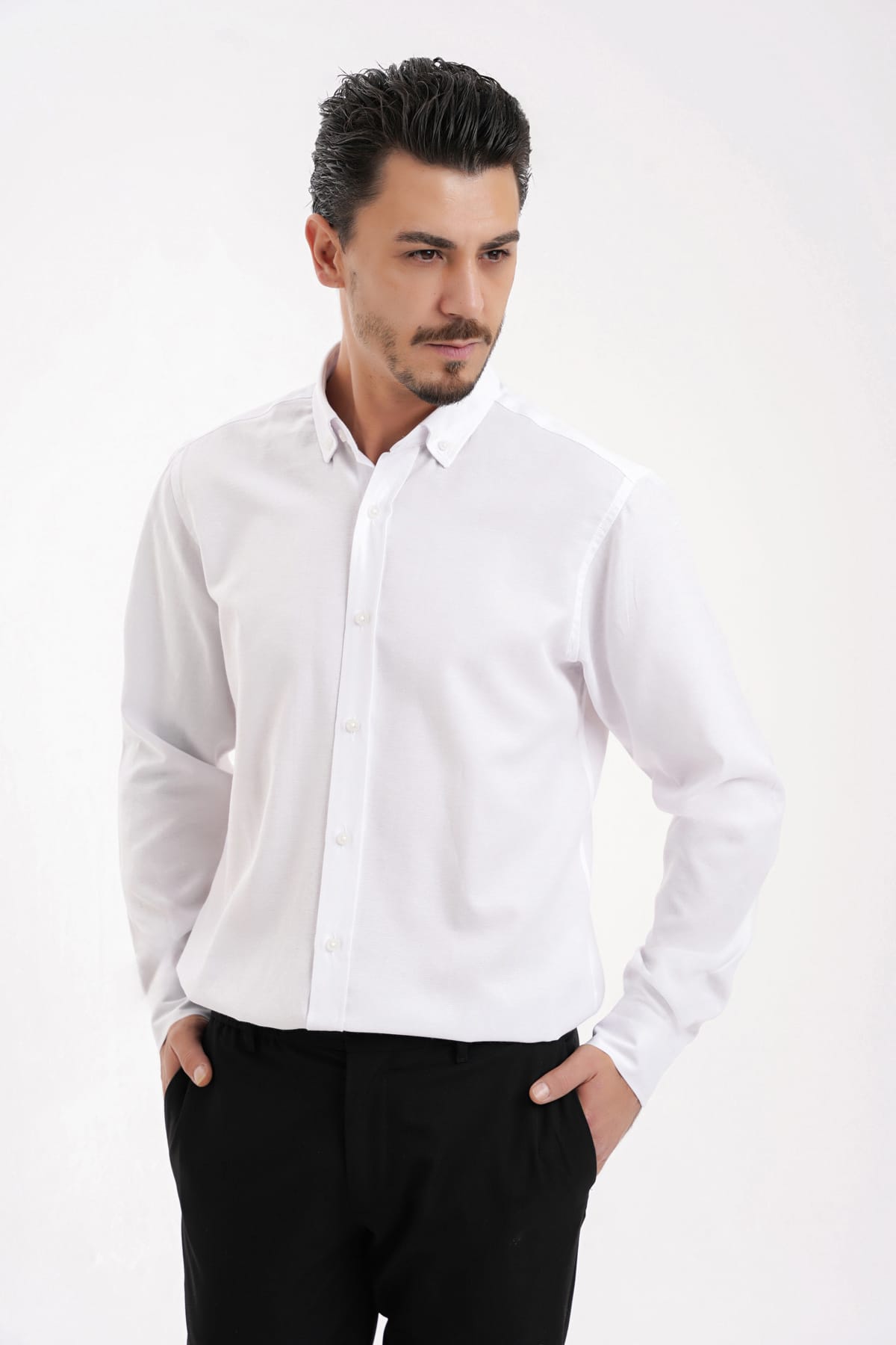 YİGİTTEKİN Düğmeli Yaka Slim Fit Oxford Gömlek Beyaz - Görsel 5